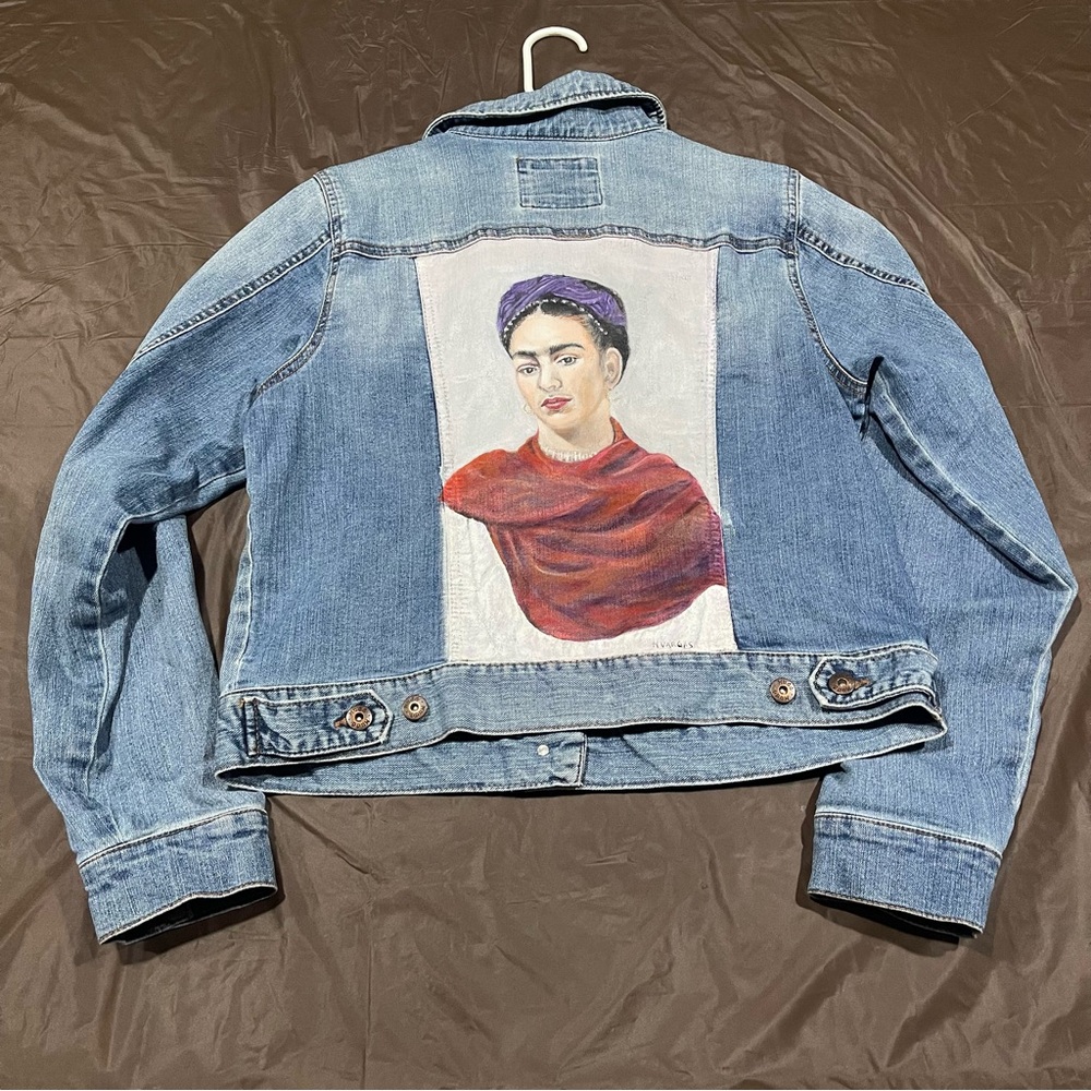 Women’s custom hand painted Frida Khalo portrait on denim mudd jacket size XL